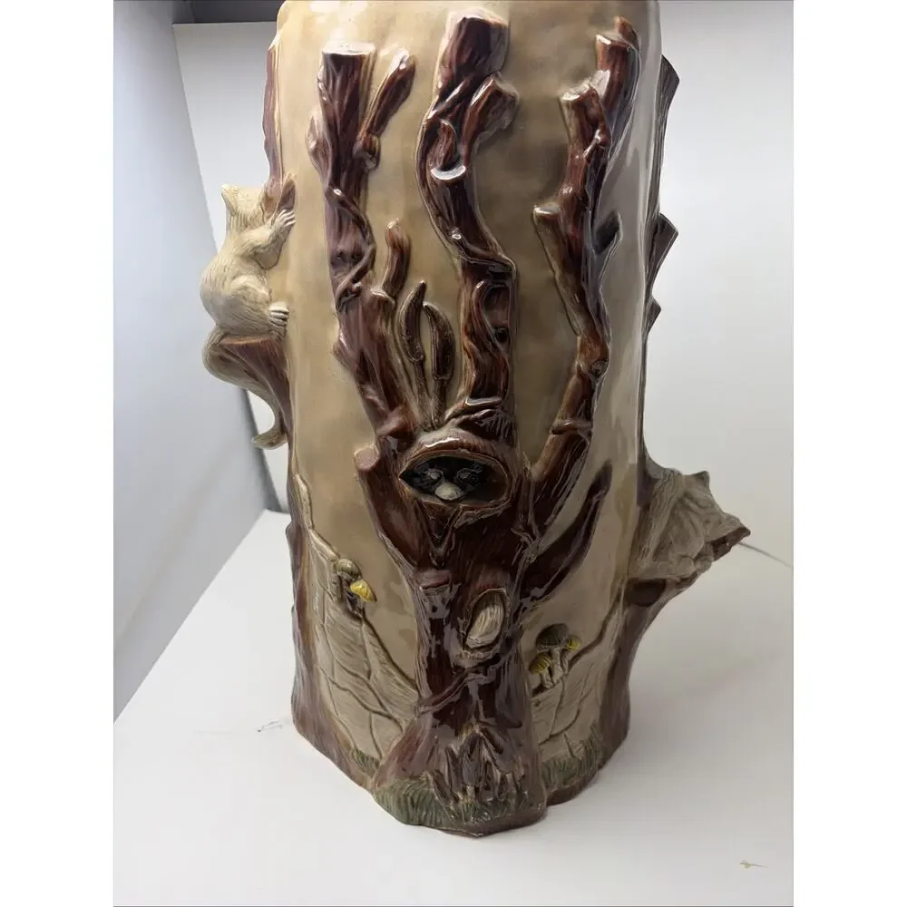 Ceramic Umbrella Stand Mid Century Majolica Raccoon in Tree 3D Woodland